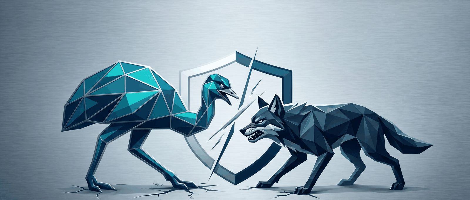A geometric emu standing between a shield and a wolf