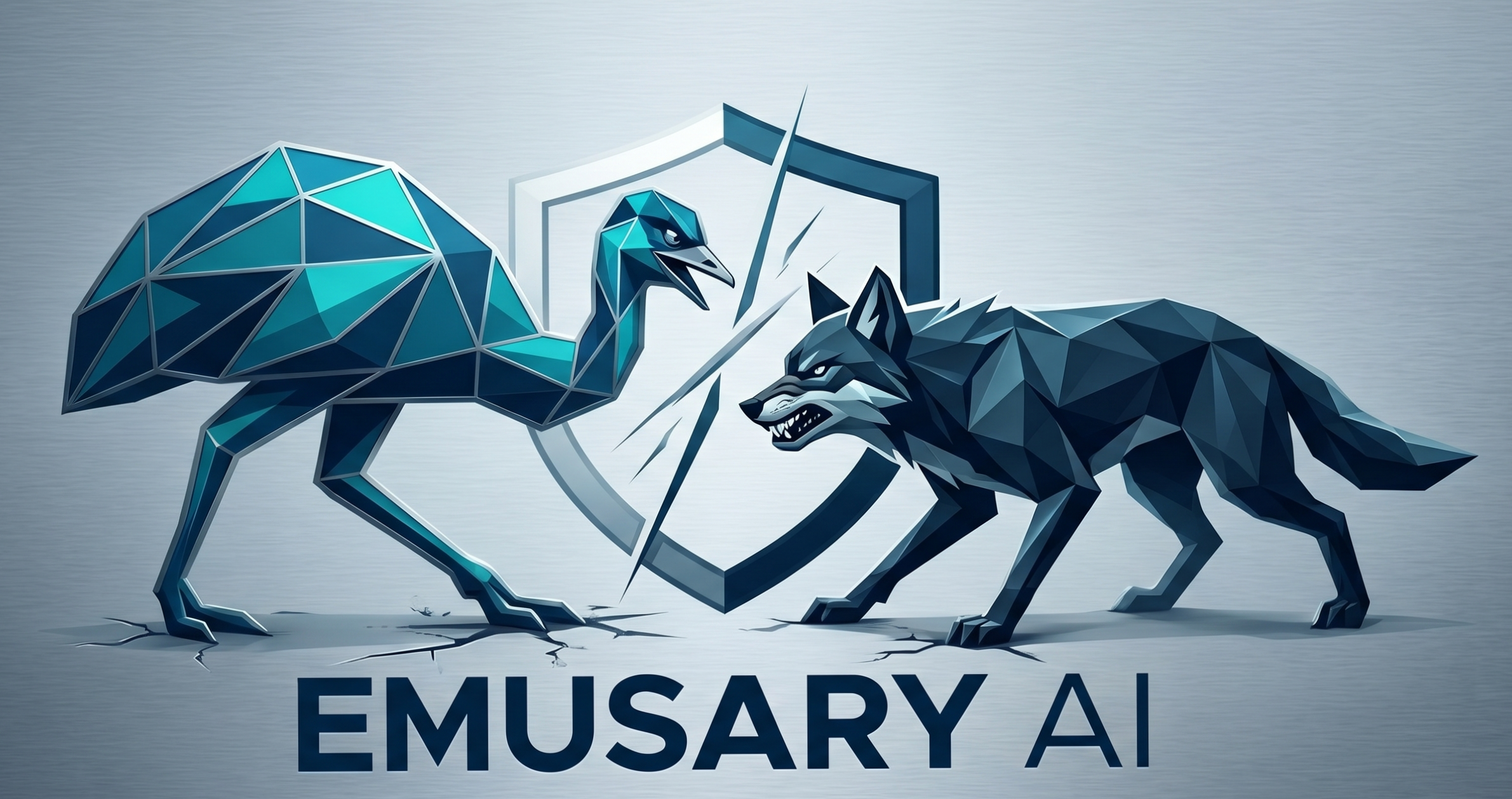 Emusary AI emu holding a shield against a wolf.